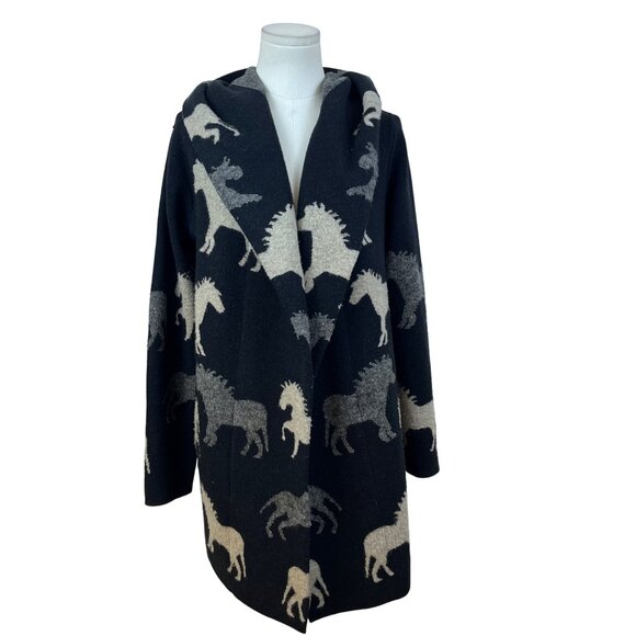 Field Flower Womens Black Wool Blend Hooded Cardigan With Horse Print Sz S - Picture 1 of 9
